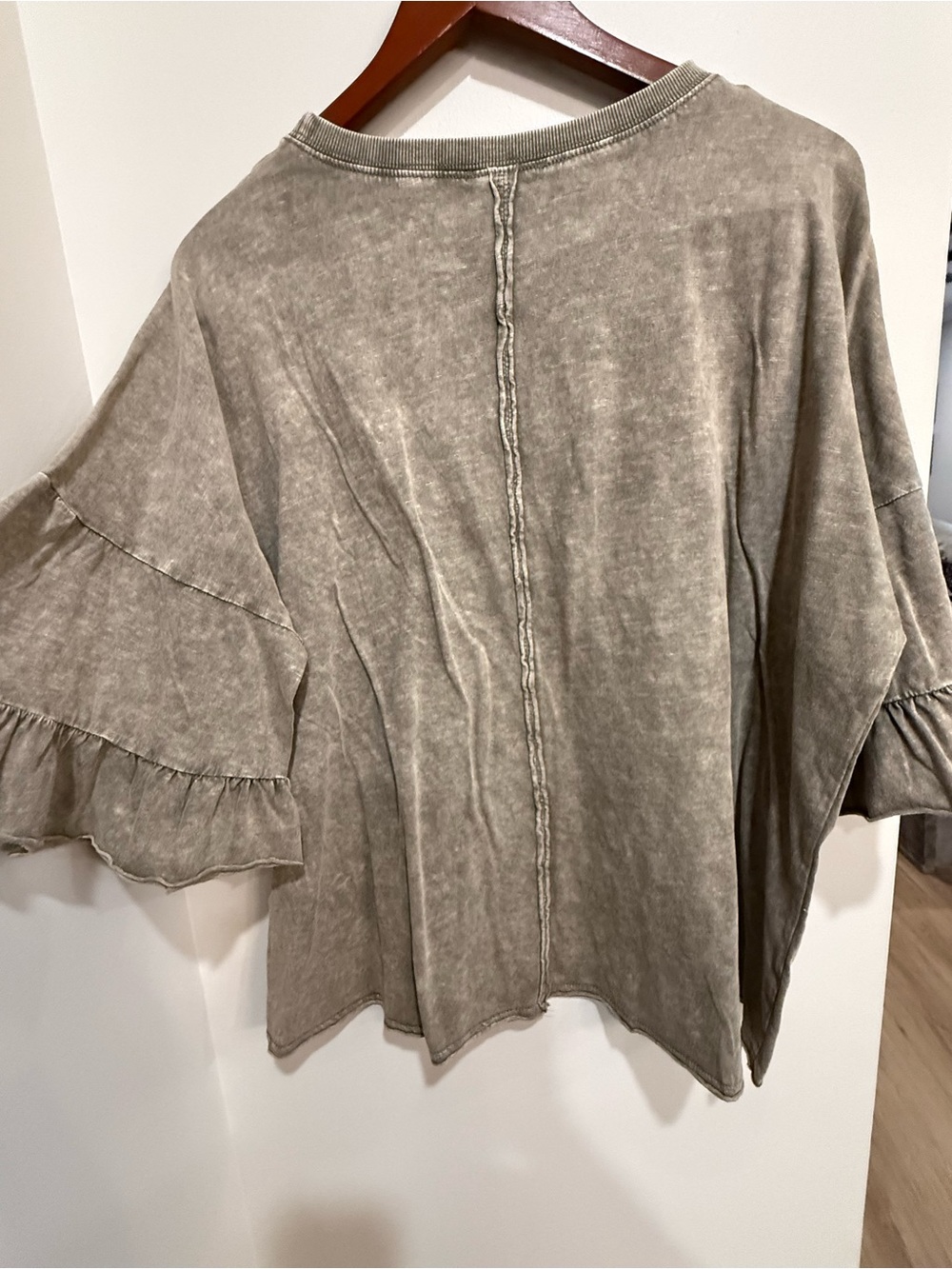 easel Mineral Wash Ruffle Sleeve Top — Taupe - Picture 2 of 5